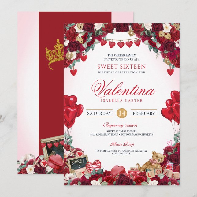 Invitación Dulce fiesta de cumpleaños de San Valentín 16 (Anverso / Reverso)