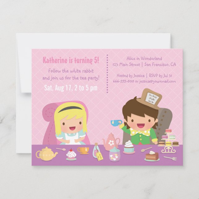 Invitación Dulce Fiesta de Cumpleaños de Té de Alicia en el P (Anverso)