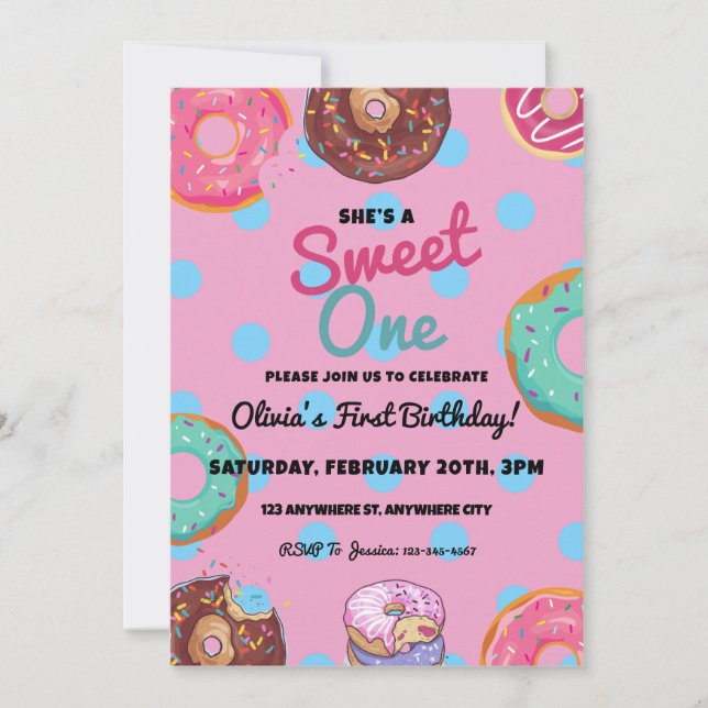 Invitación Dulce fiesta de cumpleaños de un donut (Anverso)