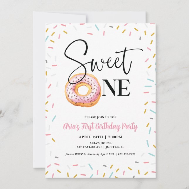 Invitación Dulce fiesta de cumpleaños de un donut (Anverso)
