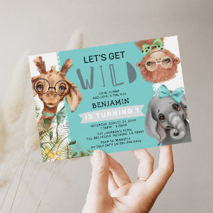 Invitación Dulce Fiesta de Cumpleaños Salvaje Azul Jungle 1er