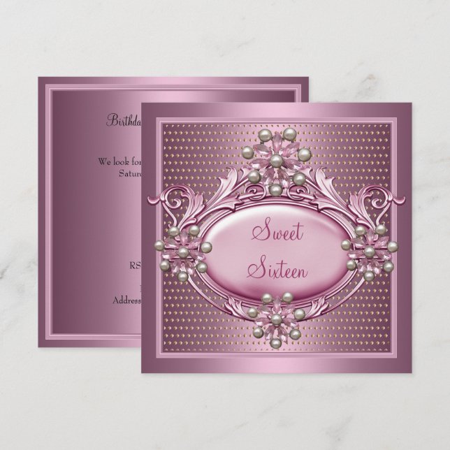 Invitación Dulce fiesta de cumpleaños Satin Pink Pearl Jewel (Anverso / Reverso)
