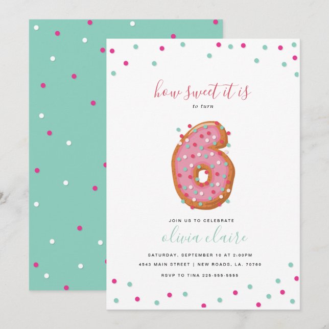 Invitación Dulce fiesta de cumpleaños| Seis (Anverso / Reverso)