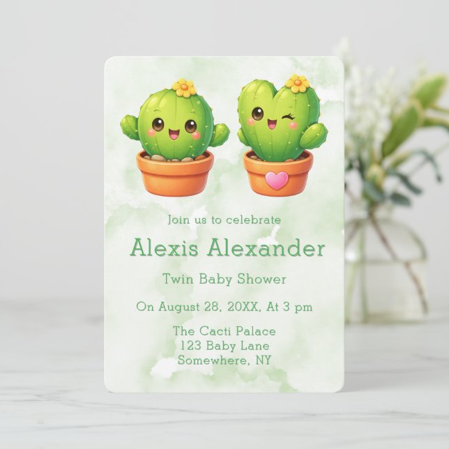 Invitación Dulce Fiesta de Gemelos Cactus Baby Shower (Anverso de pie)