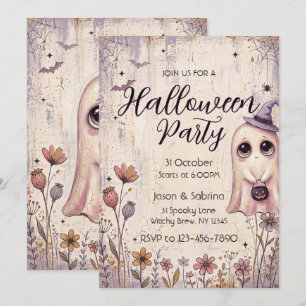Invitación Dulce Fiesta de Halloween de Fantasma Rosa Vintage