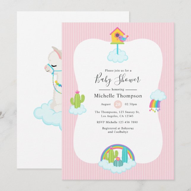 Invitación Dulce Fiesta de Llama para Baby Shower (Anverso / Reverso)