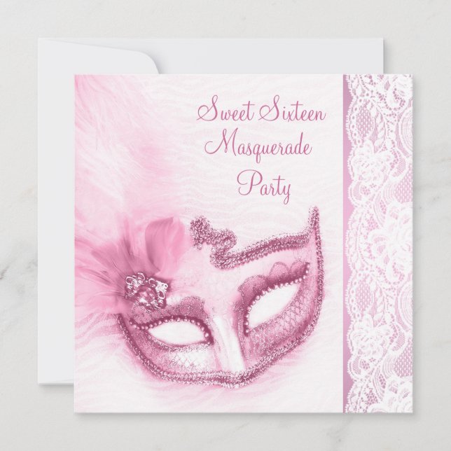 Invitación Dulce Fiesta de Máscaras Rosa Cumpleaños Dieciséis (Anverso)