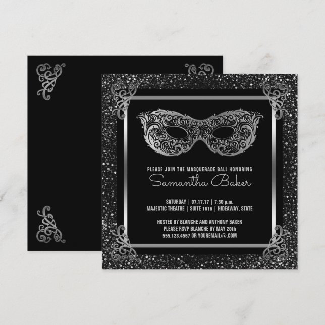Invitación Dulce Fiesta de Masquerade 16| Dulce Dieciséis Pla (Anverso / Reverso)