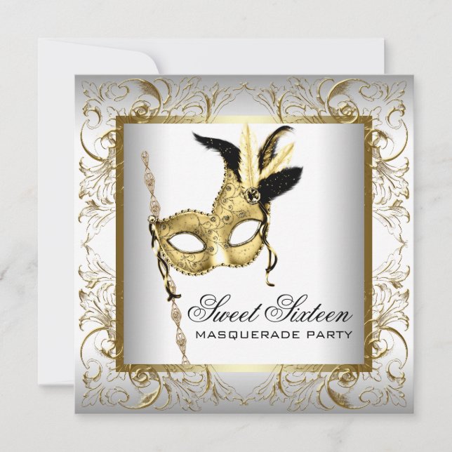 Invitación Dulce Fiesta de Masquerade Gold Black White Sweet (Anverso)