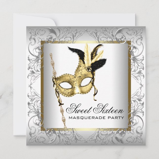 Invitación Dulce Fiesta de Masquerade Gold Black White Sweet (Anverso)