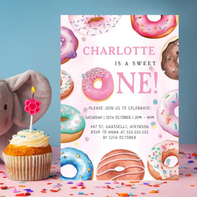 Invitación Dulce fiesta de primer cumpleaños de Donut Pink (Subido por el creador)