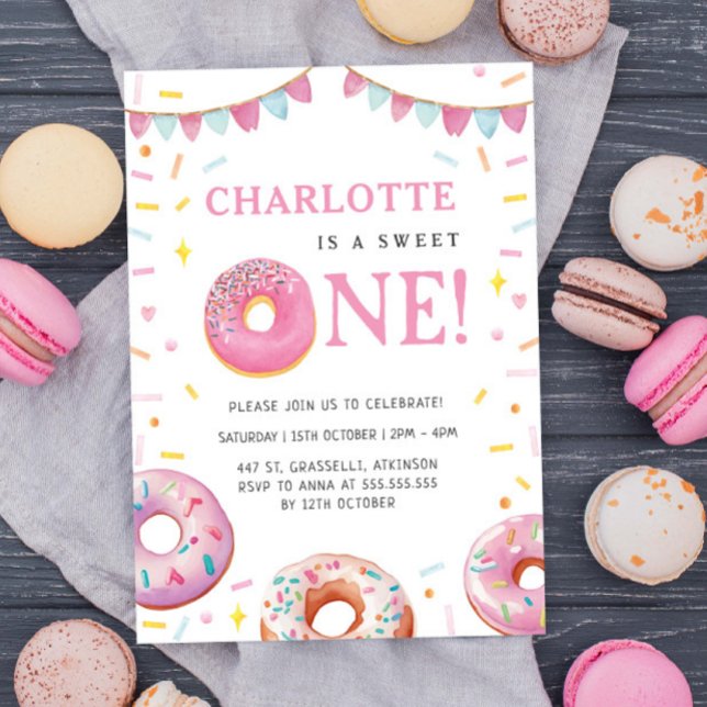 Invitación Dulce fiesta de primer cumpleaños de Donut Pink (Subido por el creador)