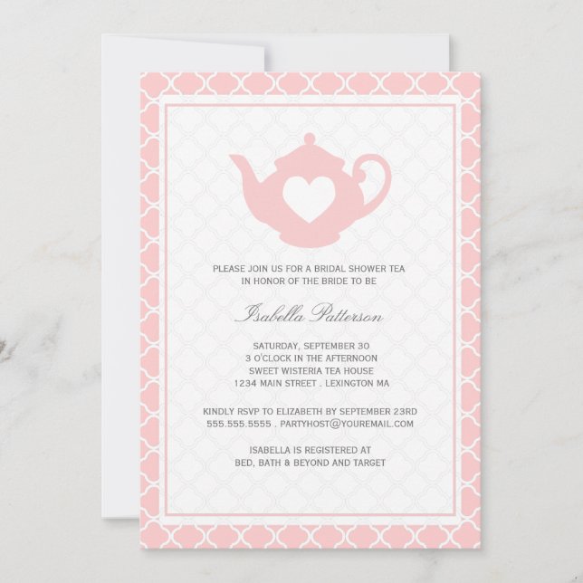 Invitación Dulce Fiesta de té de tetera rosa con ducha de nov (Anverso)