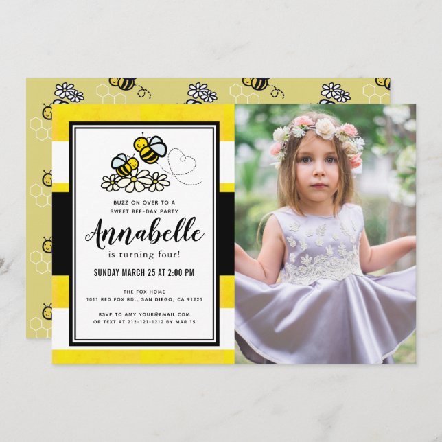 Invitación Dulce Fiesta del Día de la Abeja Cute foto amarill (Anverso / Reverso)