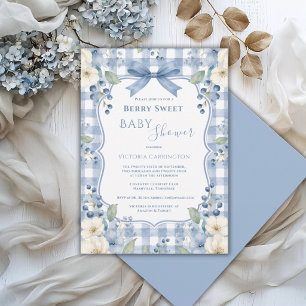 Invitación Dulce Fiesta Floral de Gingham Blanco Azul para Ba
