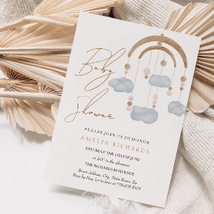Invitación Dulce Fiesta Móvil Nube Azul Boho para el Bebe