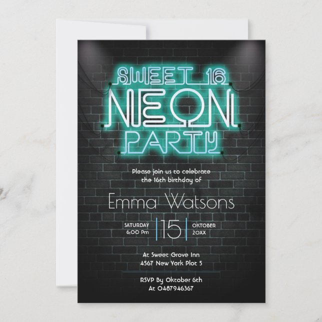 Invitación Dulce Fiesta Neon Azul (Anverso)