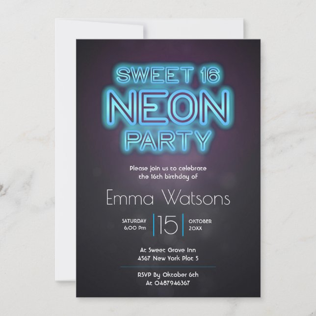 Invitación Dulce Fiesta Neon Azul (Anverso)