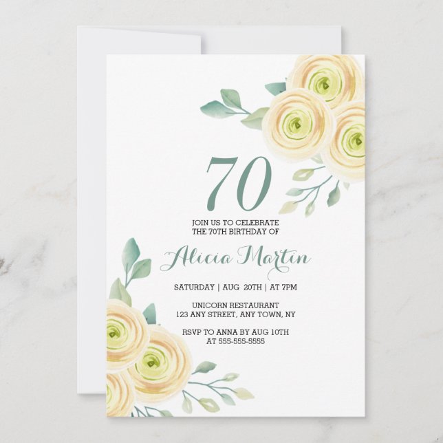Invitación Dulce Flora de Rosa Blanca Verdor 70 cumpleaños (Anverso)