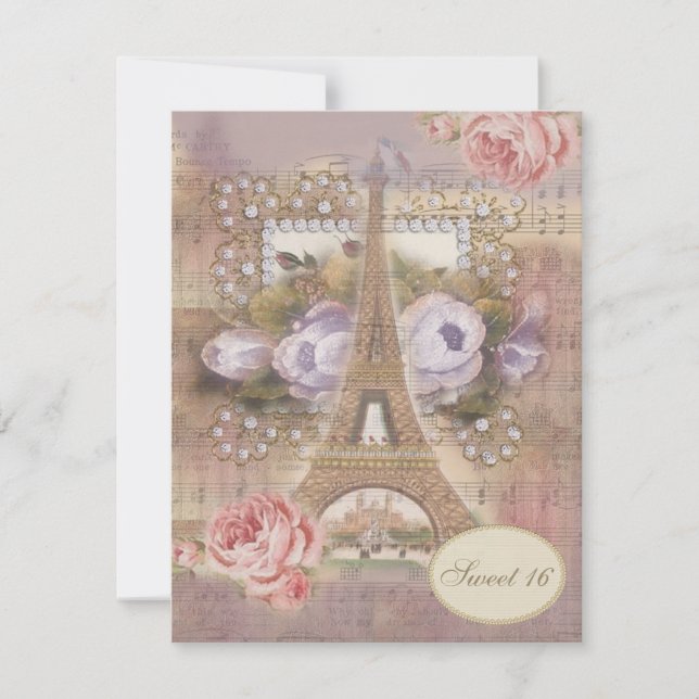 Invitación Dulce floral 16 de la torre Eiffel elegante (Anverso)