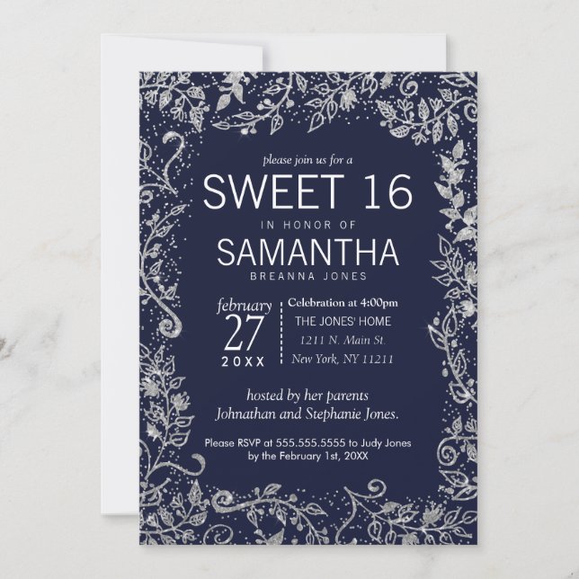 Invitación Dulce floral 16 del purpurina de la plata elegante (Anverso)