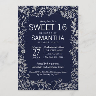Invitación Dulce floral 16 del purpurina de la plata elegante