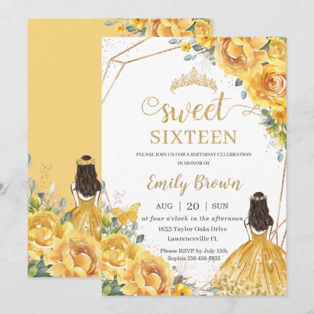 Invitación Dulce floral amarillo 16 Corona de la Princesa de  (Anverso / Reverso)