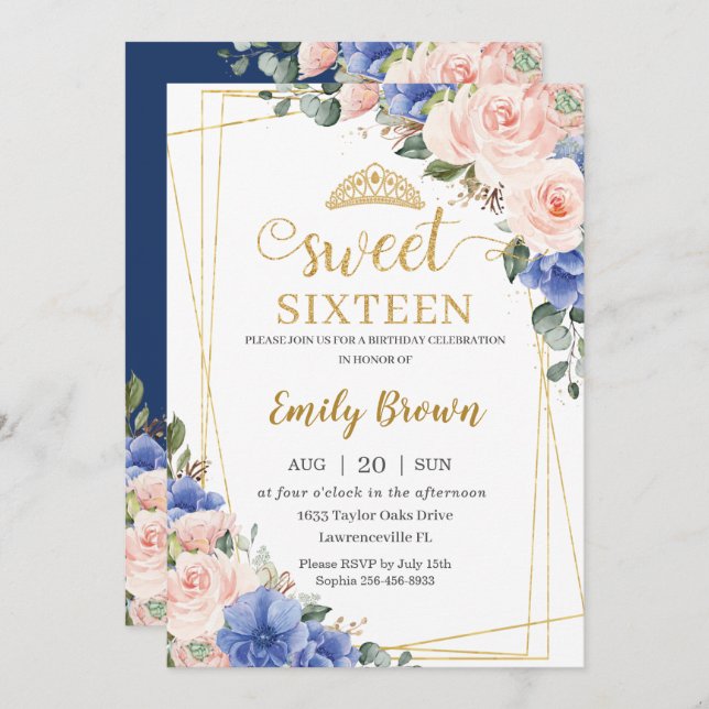Invitación Dulce Floral Azul Rosa Rubor 16 Dieciséis Cumpleañ (Anverso / Reverso)