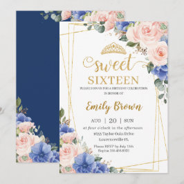 Invitación Dulce Floral Azul Rosa Rubor 16 Dieciséis Cumpleañ