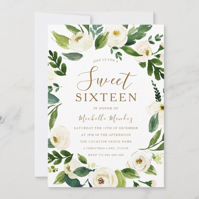 Invitación Dulce floral blanca moderna 16 Fiesta (Anverso)