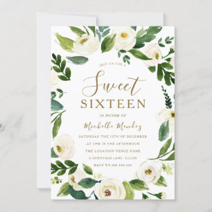 Invitación Dulce floral blanca moderna 16 Fiesta