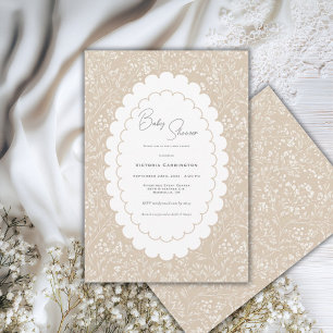 Invitación Dulce Floral Blanco Marrón Vintage Baby Shower