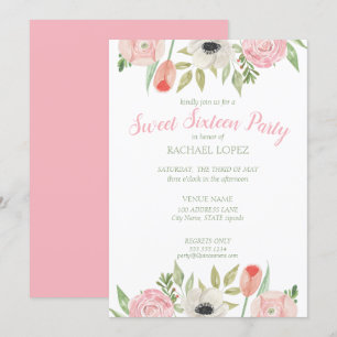 Invitación Dulce Floral Blanco y Rosa de Rubor Dieciséis cump