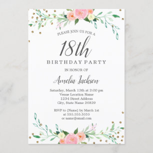 Invitación Dulce Floral Brillante Confeti Cumpleaños 18