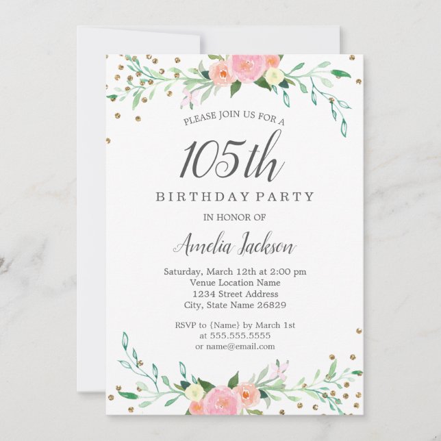 Invitación Dulce Floral Brillo Confeti Fiesta de Cumpleaños 1 (Anverso)