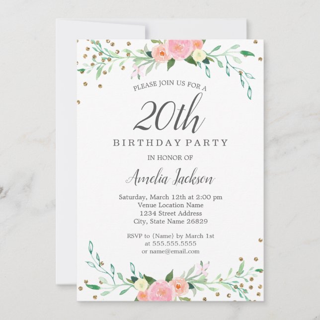 Invitación Dulce Floral Brillo Confeti Fiesta de Cumpleaños 2 (Anverso)
