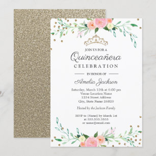 Invitación Dulce Floral Brillo Confeti Quinceañera