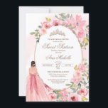 Invitación Dulce floral color de agua rosa Rubor 16 cumpleaño<br><div class="desc">Flores color agua rosa Rubor y un chica con un hermoso vestido a juego. 

Consulte la tienda para ver esta invitación con chicas de diferentes colores de cabello y tonos de piel y más variaciones.</div>