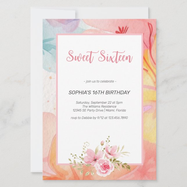 Invitación Dulce Floral de acuarela vibrante Dieciséis cumple (Anverso)