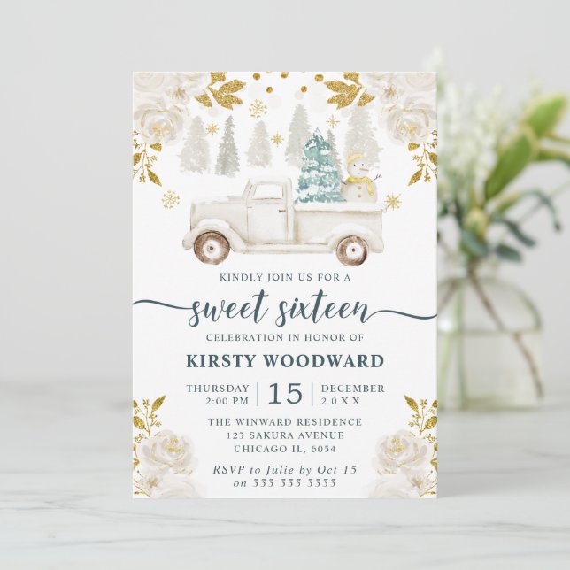 Invitación Dulce floral de Camión blanco y dorado de invierno (Anverso de pie)