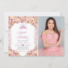 Invitación Dulce Floral de color Rosa Rubor Dieciséis Cumplea