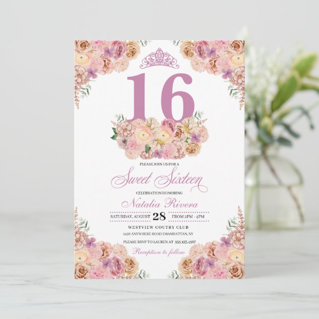 Invitación Dulce Floral De Ensalado Rosa De Rubor Dieciséis C (Anverso de pie)