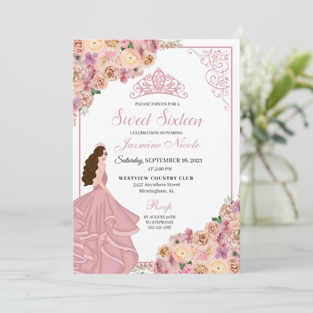 Invitación Dulce Floral De Ensalado Rosa De Rubor Dieciséis C (Anverso de pie)