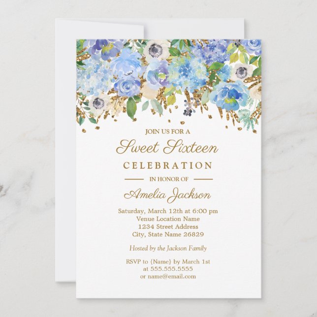Invitación Dulce Floral de oro azul botánico Dieciséis cumple (Anverso)