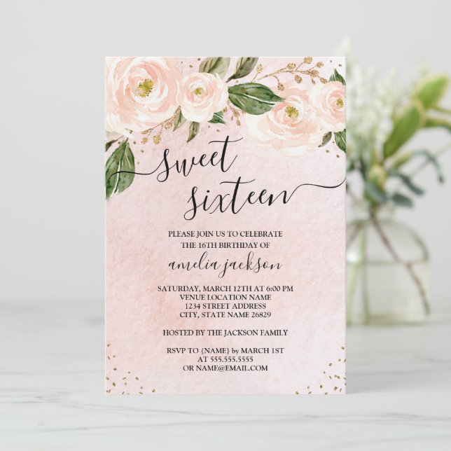 Invitación Dulce Floral de oro rosado de Rubor Dieciséis (Anverso de pie)