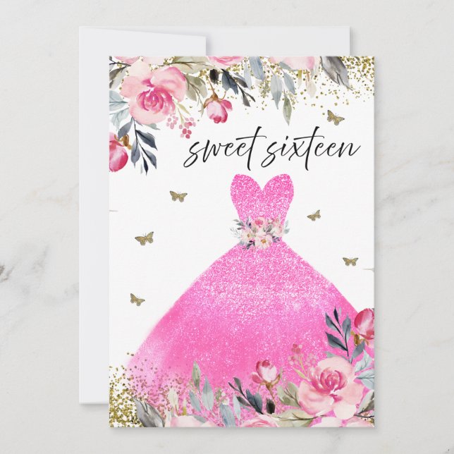 Invitación Dulce floral de vestido rosa Rubor 16 Fiesta (Anverso)