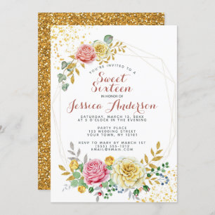 Invitación Dulce floral dieciséis del purpurina del rosa del