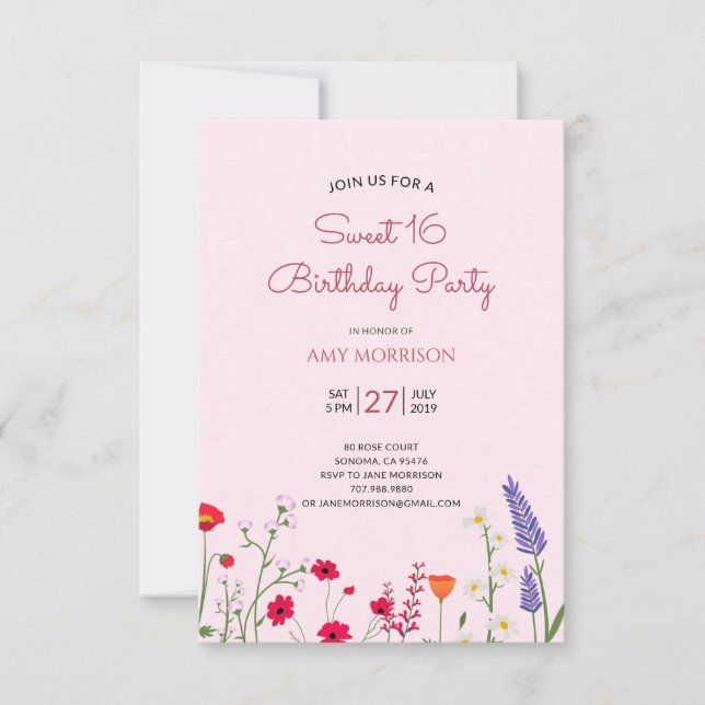 Invitación Dulce floral fiesta de cumpleaños 16 (Anverso)