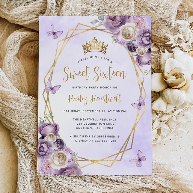 Invitación Dulce floral geométrico marfil morado 16 Fiesta (Subido por el creador)