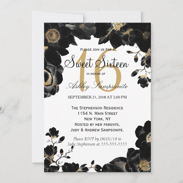 Invitación Dulce floral negro acentuado dorado 16 invitacione (Anverso)